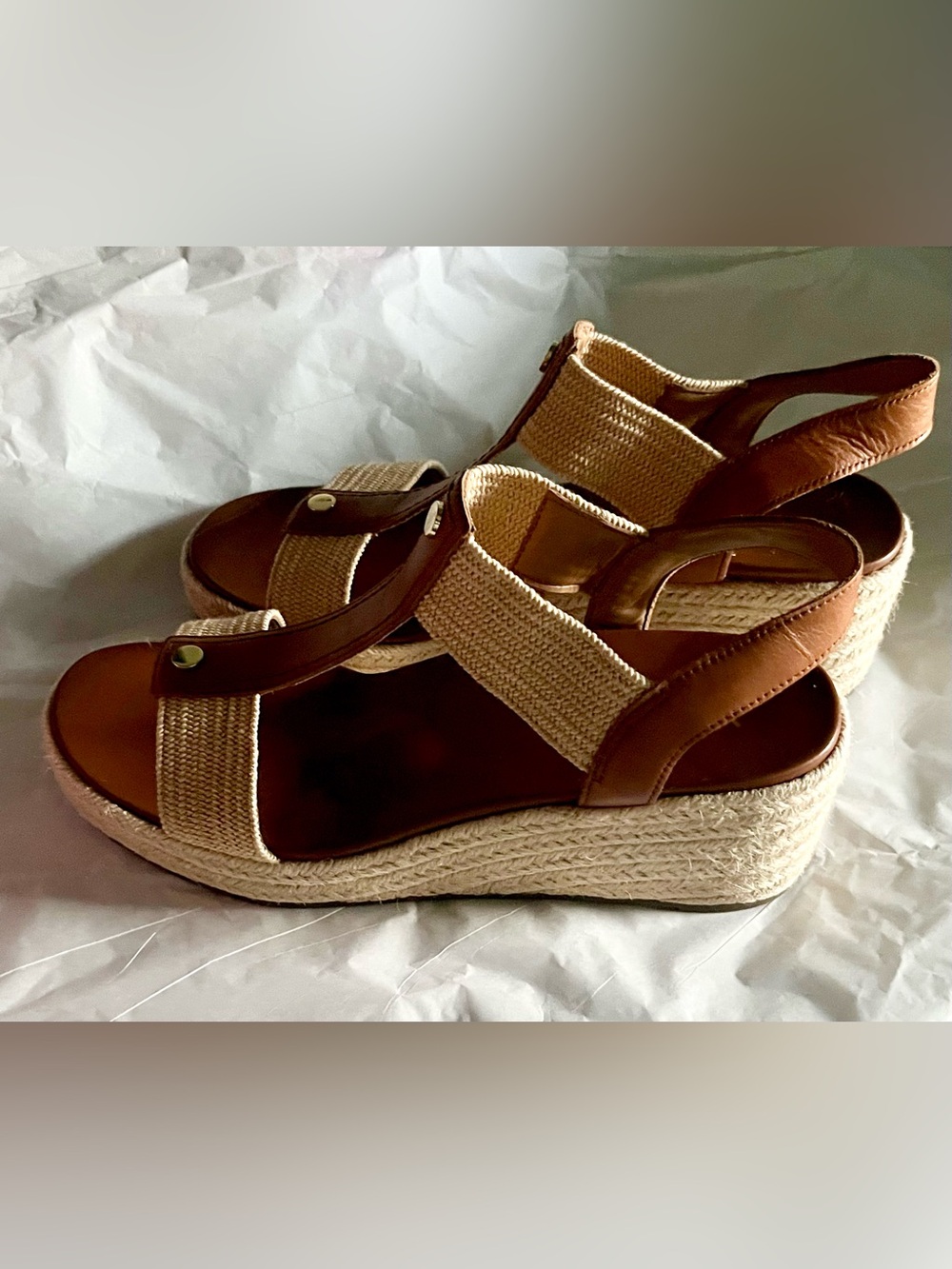 Vionic Tan and Natural Espadrille Wedge Sandals, NWOT